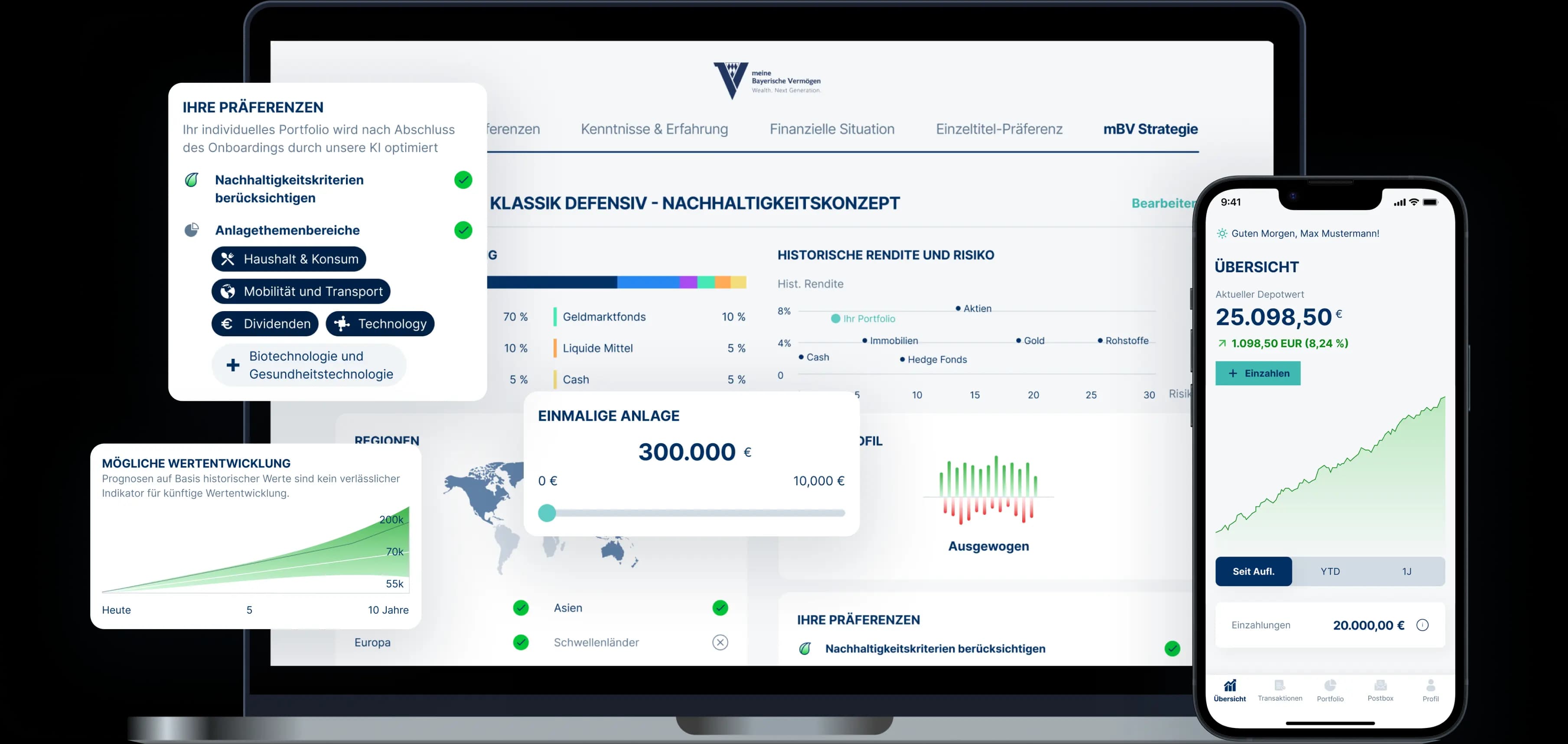 Eine Übersicht web- und mobilbasierter Eingabe- und Anzeigemasken, welche eine Portfolioentwicklung, sowie Kundenpräferenzen im Vermögensverwaltungssektor wie beispielsweise Nachhaltigkeit, Regionen- und Themenpräferenzen umfassen.